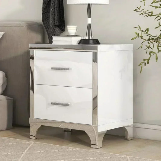 Elegant White High Gloss 2-Drawer Mirrored Nightstand with Metal Handles and Legs, Ideal for Bedroom and Living Room