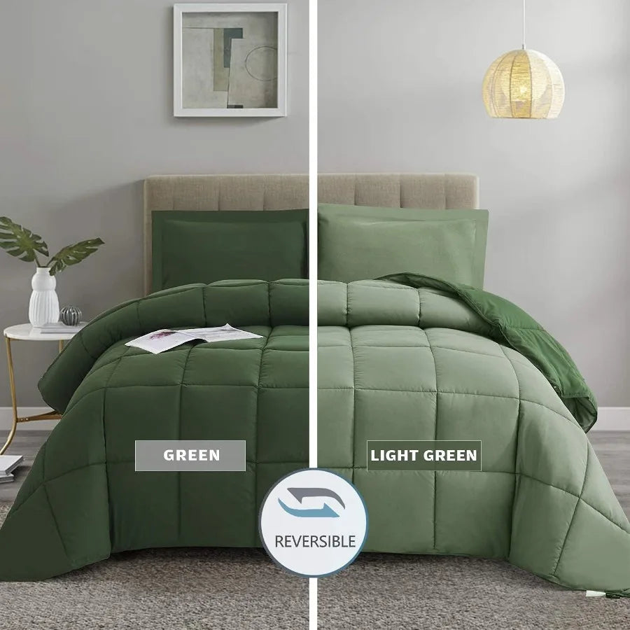 3pc Green Queen Size Down Alternative Comforter Set for Cozy Bedroom Decor Hypoallergenic and Lightweight with Soft Touch Fabri