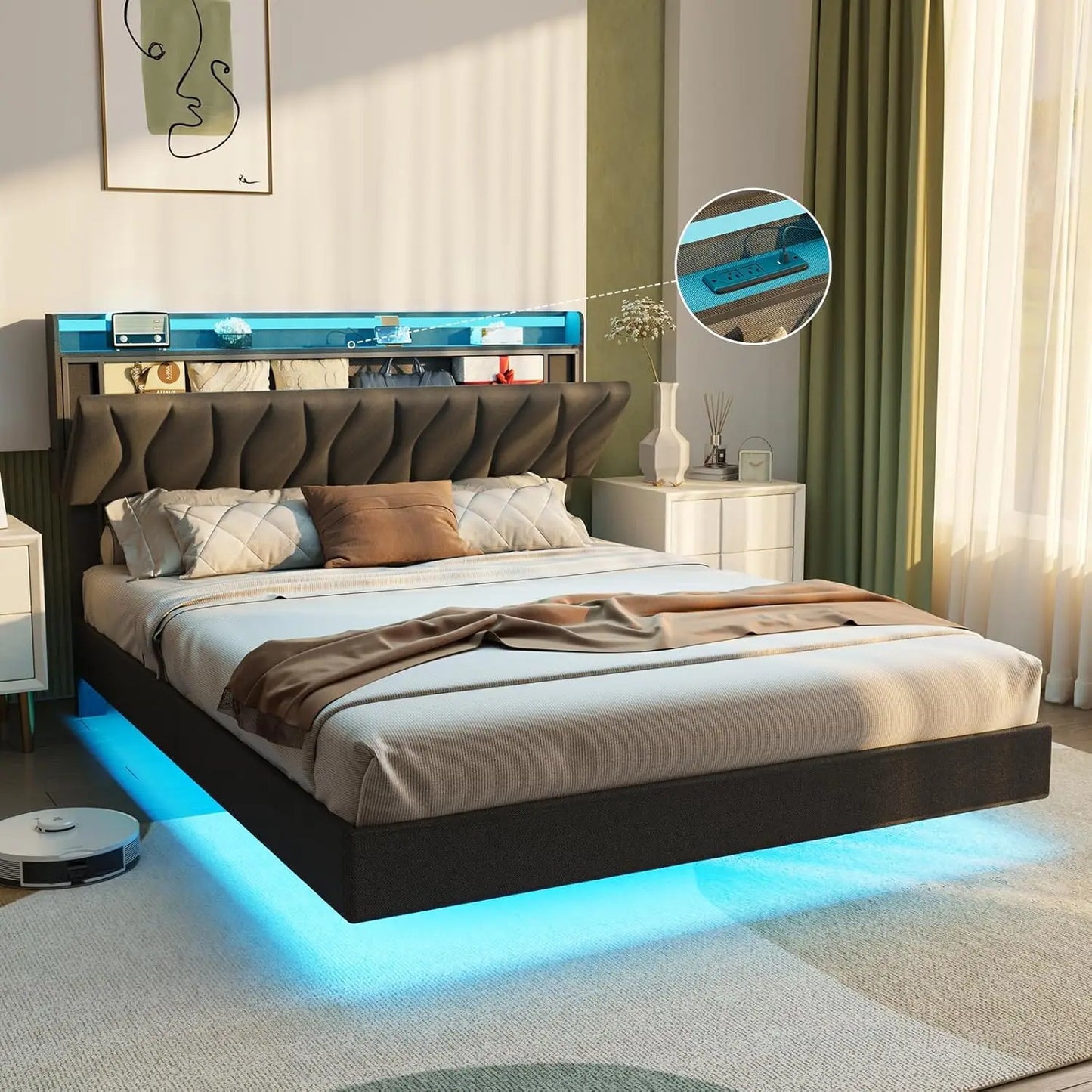 Queen Size Floating Bed Frame with Storage Headboard, Queen Bed Frame with LED Lights, Charging Station, Upholstered Pla