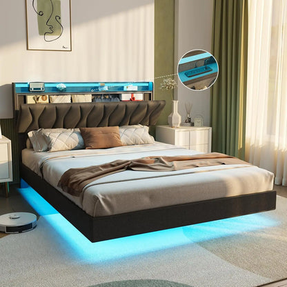 Queen Size Floating Bed Frame with Storage Headboard, Queen Bed Frame with LED Lights, Charging Station, Upholstered Pla
