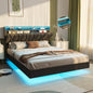 Queen Size Floating Bed Frame with Storage Headboard, Queen Bed Frame with LED Lights, Charging Station, Upholstered Pla
