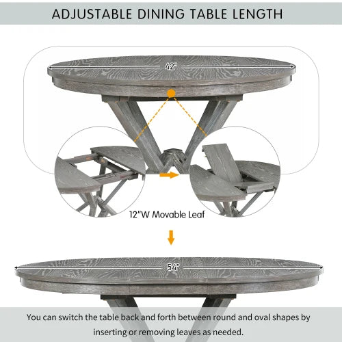 5-Piece Retro Functional Dining Table Set Extendable Round Table and 4 Upholstered Chairs for Dining Room and Living Room (Grey)