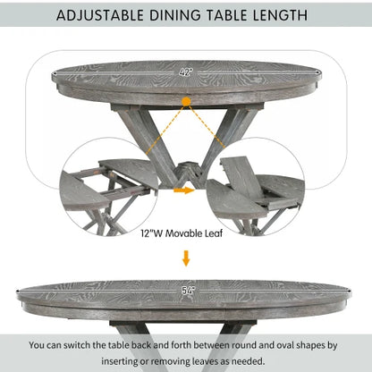 5-Piece Retro Functional Dining Table Set Extendable Round Table and 4 Upholstered Chairs for Dining Room and Living Room (Grey)