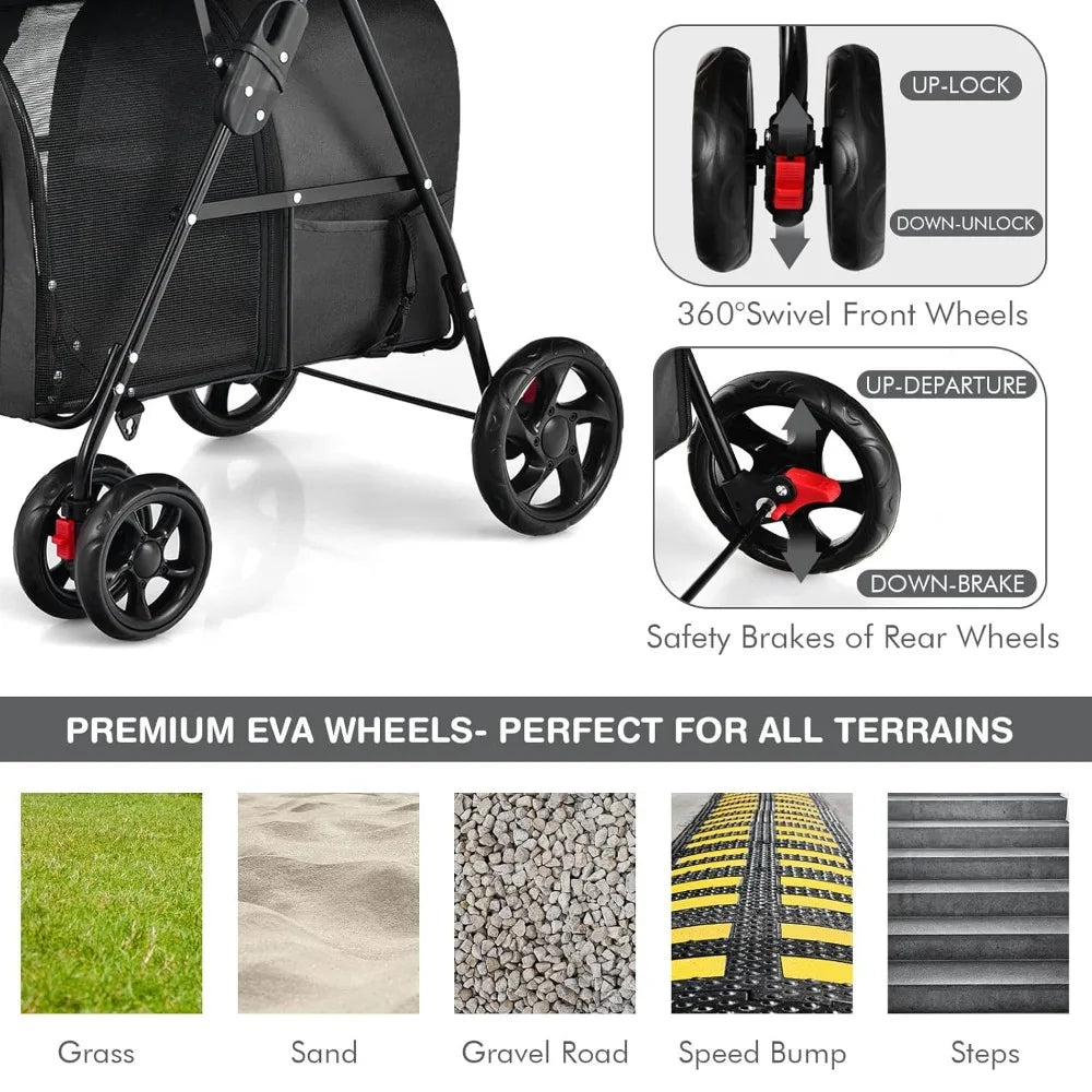 Double Pet Stroller with 2 Detachable Carrier Bags, Safety Belt, 4 Lockable Wheels, Folding Cat & Dog Stroller for Small Medium