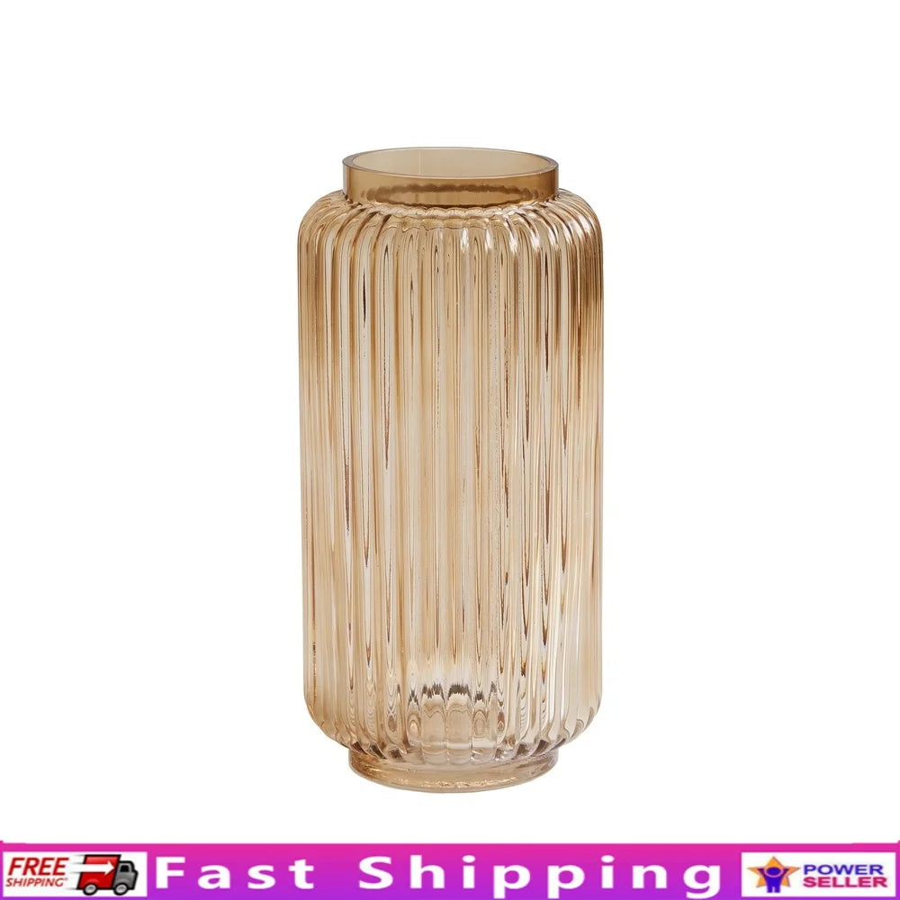 Ribbed Glass Vase Decorative Home Accent Indoor Use Floral Holder Elegant Cylinder Design 10 Inch Lightweight Washable