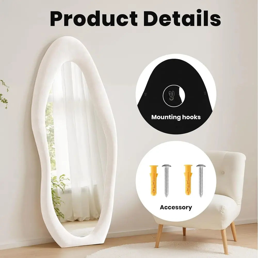 Full Length Mirror 71"x30" Irregular Full Body Wall Mounted Floor Mirror Without Stand Ivory Flannel Wrapped Frame Leaning Hangi