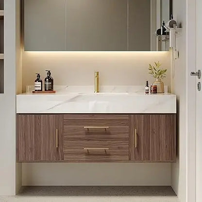 Floating Bathroom Vanity with Sintered Stone Vessel Sink 2 Drawers (Walnut with Doors, 39.4'')