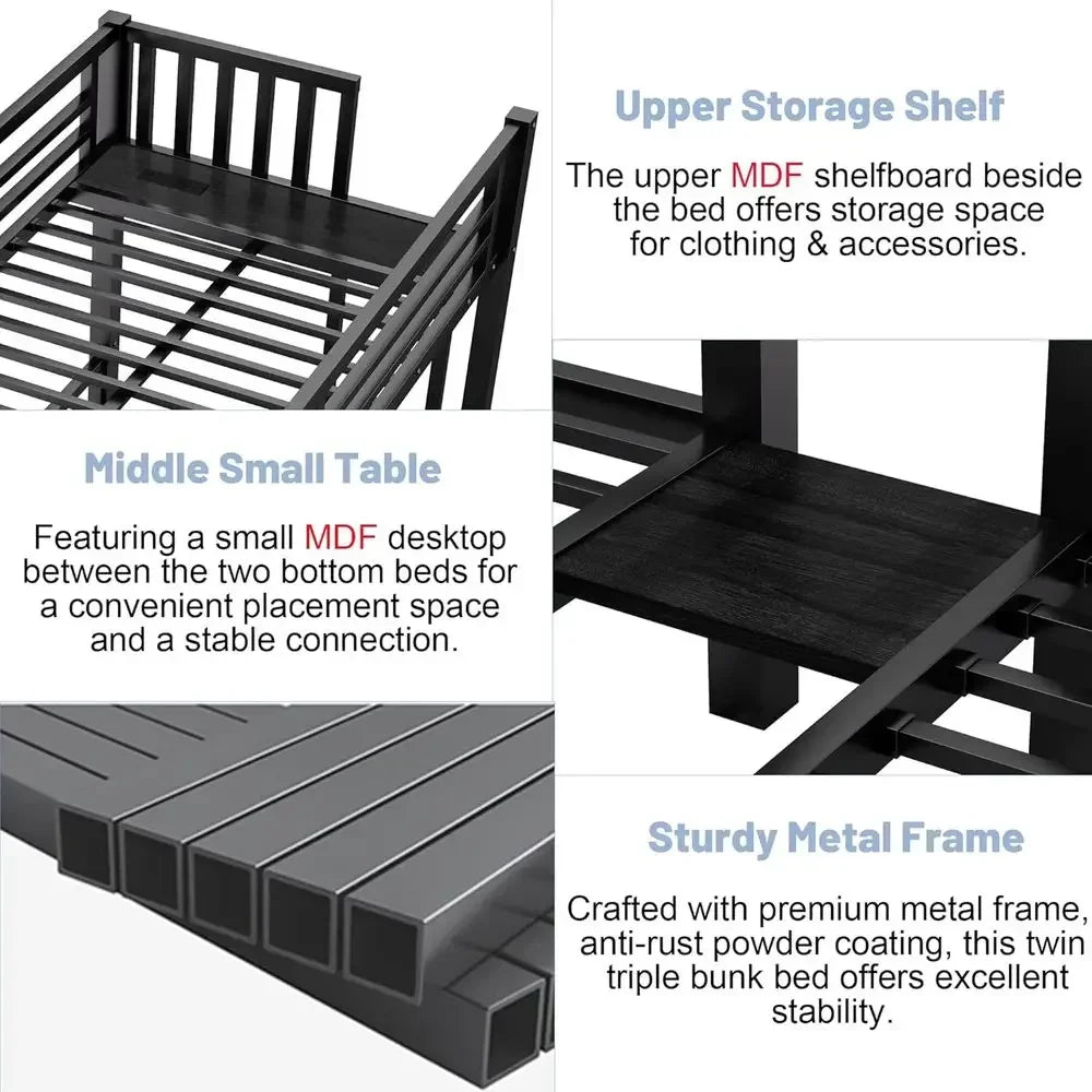 Sturdy Metal Triple Bunk Bed with LED Lights, Storage, and Charging Station for Kids