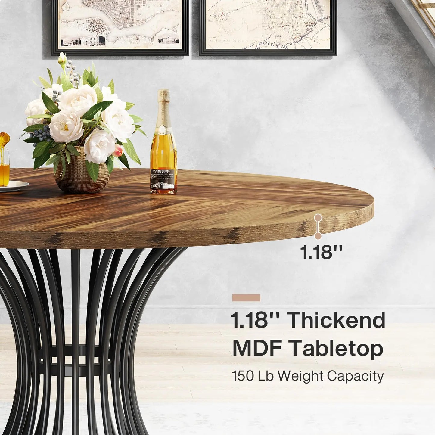 Round Dining Table for 4-6 People, 47-Inch Farmhouse Dinning Room Table Circle Kitchen Table, Industrial Dinner Table