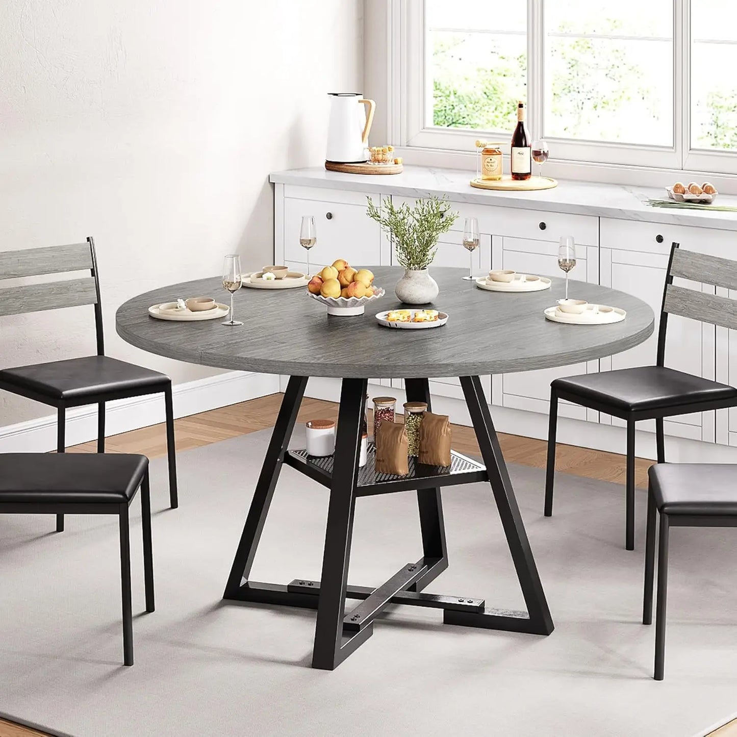 Table for 4,Kitchen Dining Room Circle Dinner Pedestal Table,Space Saving Wood Kitchen & Dining Room Furniture, 42In,Grey