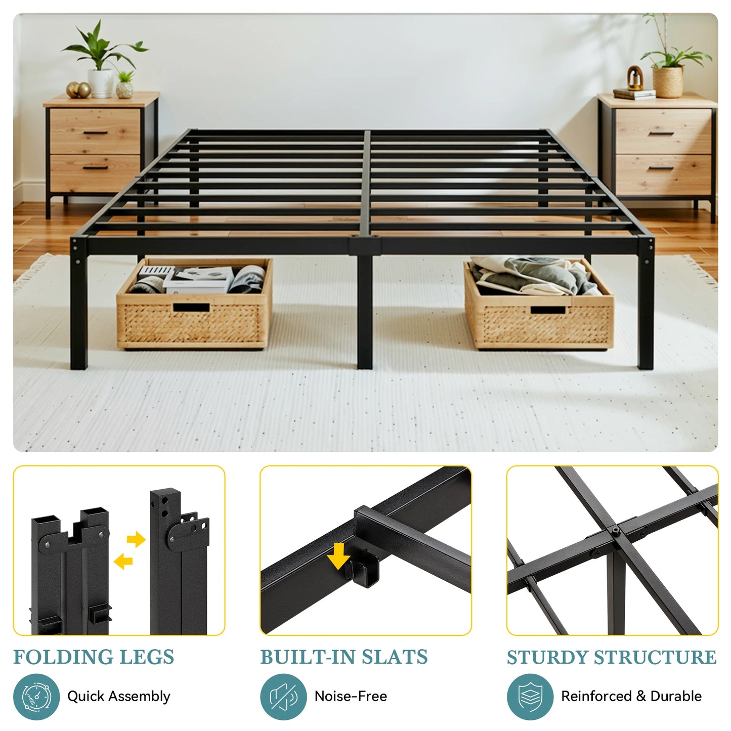 Twin/Full/Queen/King Heavy-Duty Metal Bed Frame with 14 Inch Under-Bed Storage — No Box Spring Needed, Easy Assembly