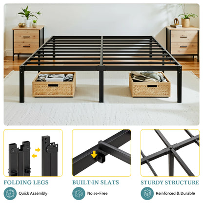 Twin/Full/Queen/King Heavy-Duty Metal Bed Frame with 14 Inch Under-Bed Storage — No Box Spring Needed, Easy Assembly