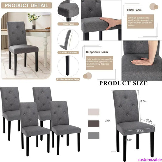 Modern Fabric Upholstered Dining Chairs Set of 4 with Solid Wood Legs and High Backs  - Dark Gray