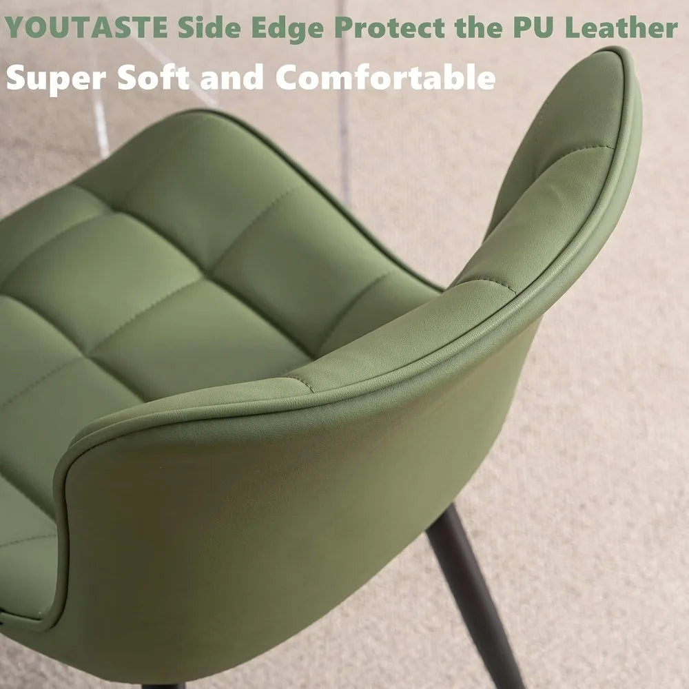 Pair of Modern Olive Green PU Leather Dining Chairs with Metal Legs for Kitchen and Dining Room