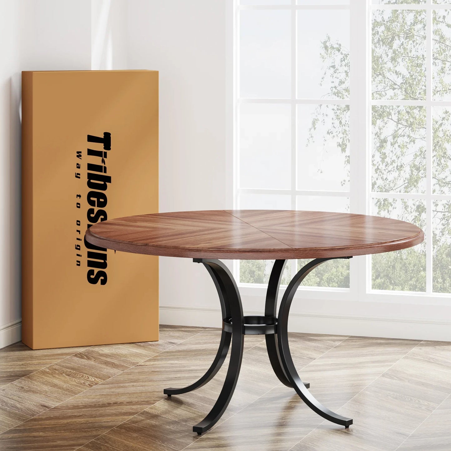 Tribesigns 47" Round Dining Table for 4 People, Farmhouse Kitchen Table with Wooden Texture Surface & Pedestal Base, Round Table