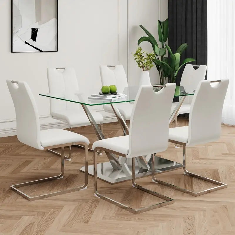 Elegant Glass Dining Table Set with Stainless Steel Base & 6 White Chairs - Modern Transparent Design for Dining Room