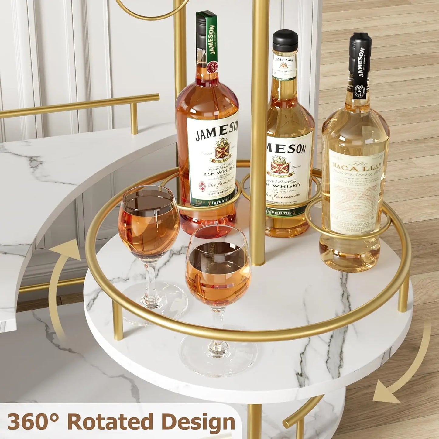Gold Bar Carts with 4-Tiers Storage Shelves Mobile Bar Seving Carts On Wheels with Wine Rack and Glass Holder
