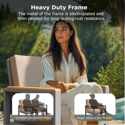 4-Piece Outdoor Patio Furniture Set, Metal Conversation Set with Cushions & Wood-Like Armrests, Modern Patio Sectional