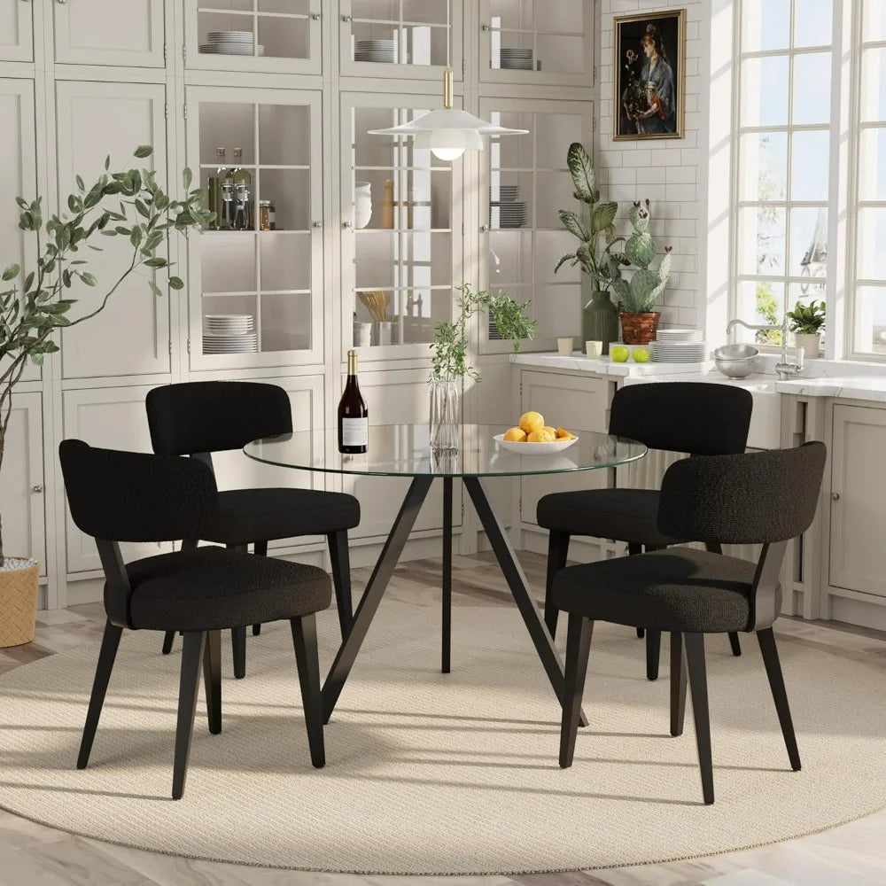 Dining Chairs Set of 4, Black Modern Upholstered Kitchen Dining Room Chairs, Boucle Dining Chairs Curved Backrest, Mid Century K