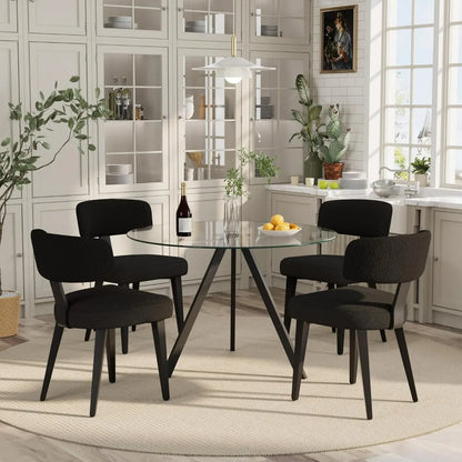 Dining Chairs Set of 4, Black Modern Upholstered Kitchen Dining Room Chairs, Boucle Dining Chairs Curved Backrest, Mid Century K
