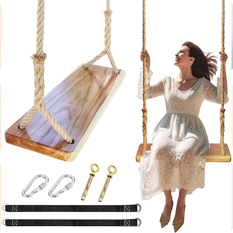 Wooden Tree Swing 500lbs Load Capacity Wooden Swing For Adults Kids Waterproof Hanging Swing Seat For Outdoor Backyard Garden
