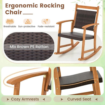 Patio Rocking Chair Set ,3 pieces Patiojoy Acacia Wood Rocker with Side Table, Outdoor Chairs with Wicker Rattan Seat & Backres
