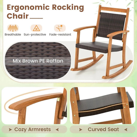 Patio Rocking Chair Set ,3 pieces Patiojoy Acacia Wood Rocker with Side Table, Outdoor Chairs with Wicker Rattan Seat & Backres