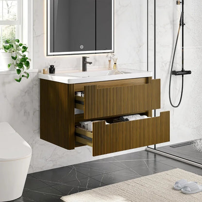 Modern Bathroom Vanity with Sink Combo,Curved Floating Bath Vanity with 2 Soft Close Drawer,Wall Mount Bathroom18.8Dx24Wx20.2"H