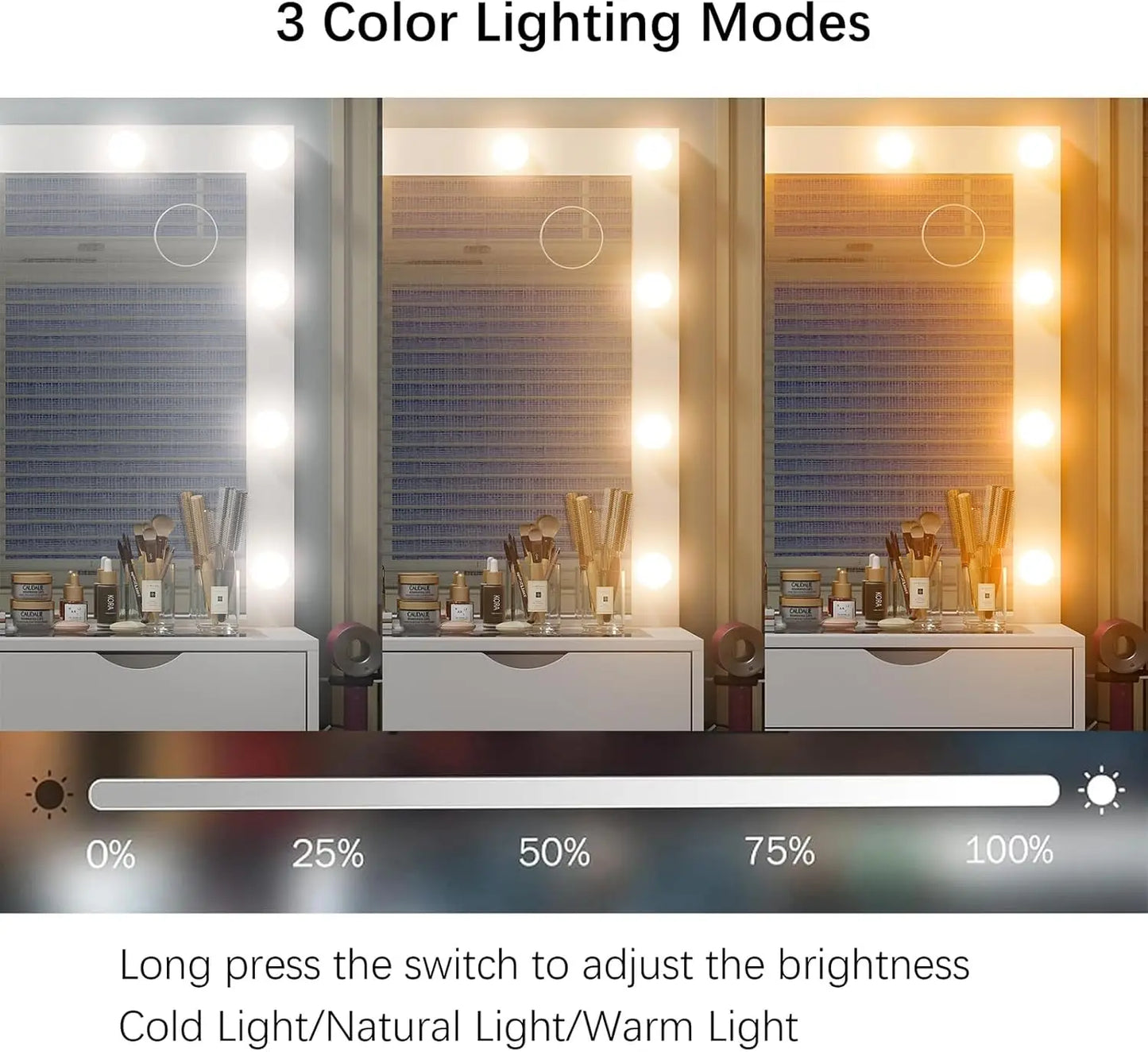 Vanity Desk with Mirror and Lights, Makeup Table with Charging Station, 3 Color Lighting Modes, 15 Drawers Dressing Table