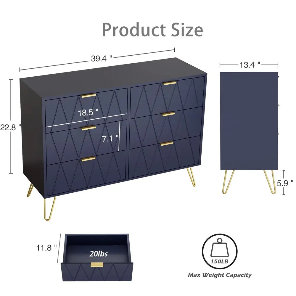 Navy Large Dresser 6 Drawer Dresser for Bedroom, Chest of Drawer with 6 Wide Drawers Wood Storage Cabinet Organizer with Metal