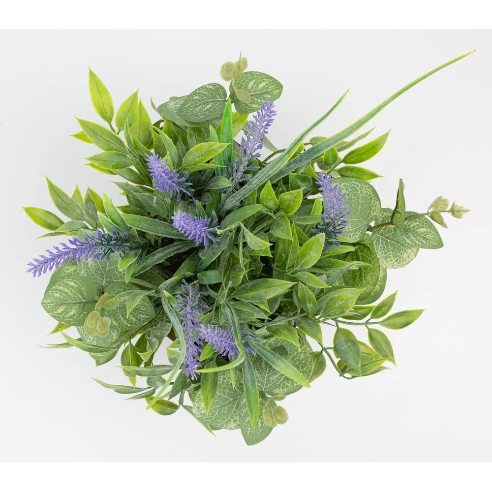 12 Inch Artificial Lavender Plant in Brown Wood Box Lifelike Eucalyptus Fig Leaves Indoor Decoration Perfect Home Office Party