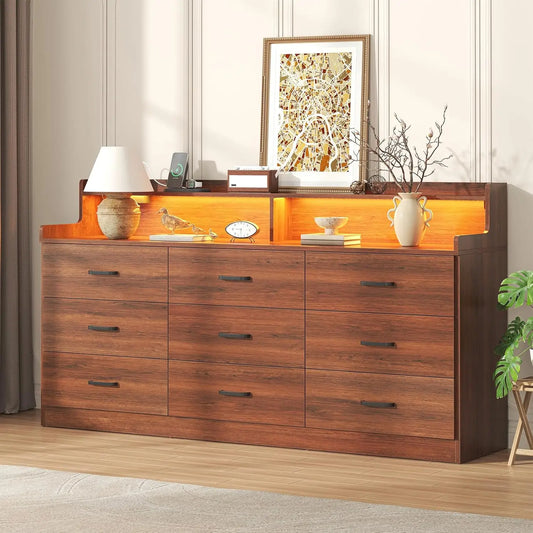 9 Drawer Dresser with Built-in Power Outlet, Mid Century Modern ,63'' Triple Wide