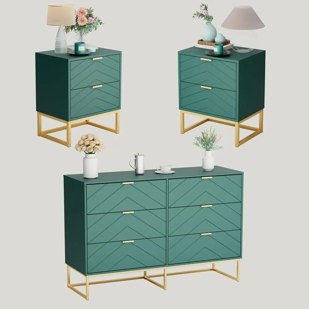3-Piece Modern Bedroom Set with 6-Drawer Dresser and Nightstand, Gold-Handled Chest and Storage Cabinet in Green