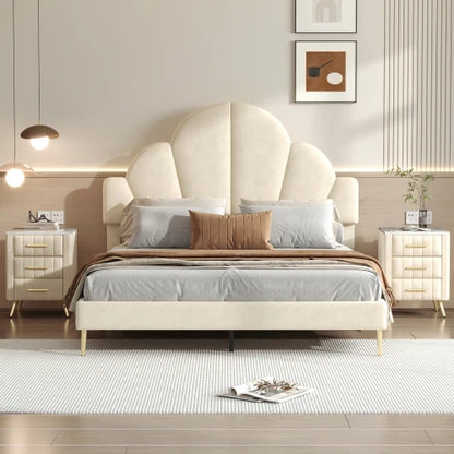 3 Pieces Bedroom Sets, Queen Size Modern Velvet Upholstered Bed Frame with Petal Shape Headboard, 3 Drawers Nightstands, Beige