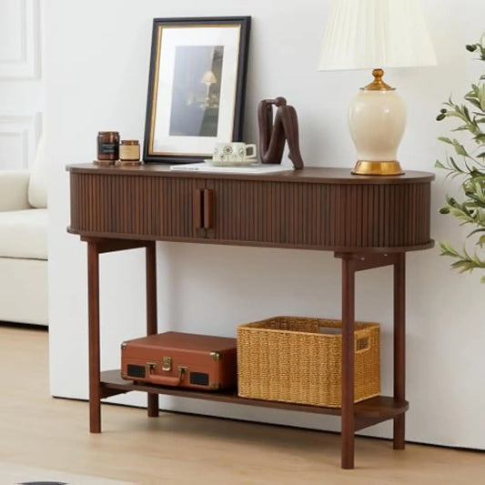 Fluted Console Table Modern Entryway Table with Tambour Sliding Door 2 Tier Sofa Table with Storage Side Table Behind Couch in L
