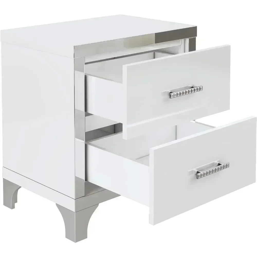 Elegant White High Gloss 2-Drawer Mirrored Nightstand with Metal Handles and Legs, Ideal for Bedroom and Living Room