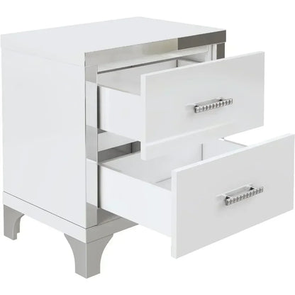 Elegant White High Gloss 2-Drawer Mirrored Nightstand with Metal Handles and Legs, Ideal for Bedroom and Living Room