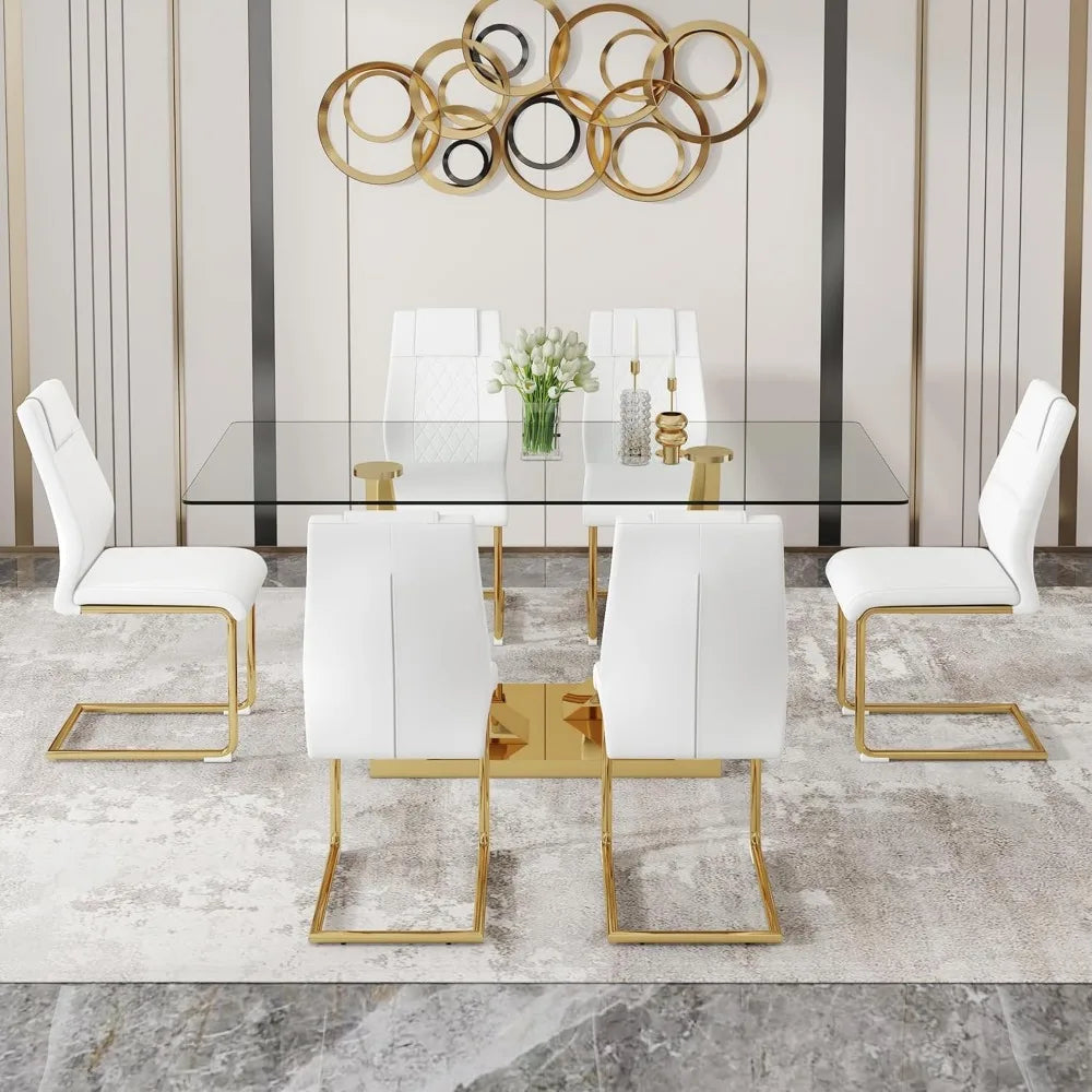 Glass Dining Table Set for 6, Modern Kitchen Table Set for 6, 71" Tempered Glass Tabletop with U-Shaped Gold Base, 7 Ppiece