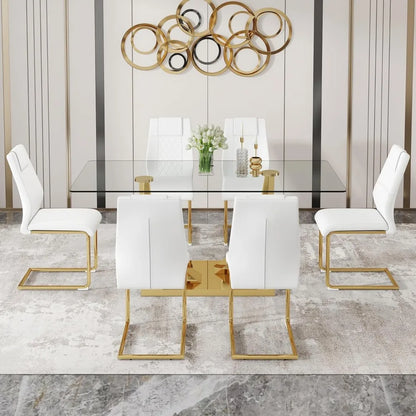 Glass Dining Table Set for 6, Modern Kitchen Table Set for 6, 71" Tempered Glass Tabletop with U-Shaped Gold Base, 7 Ppiece