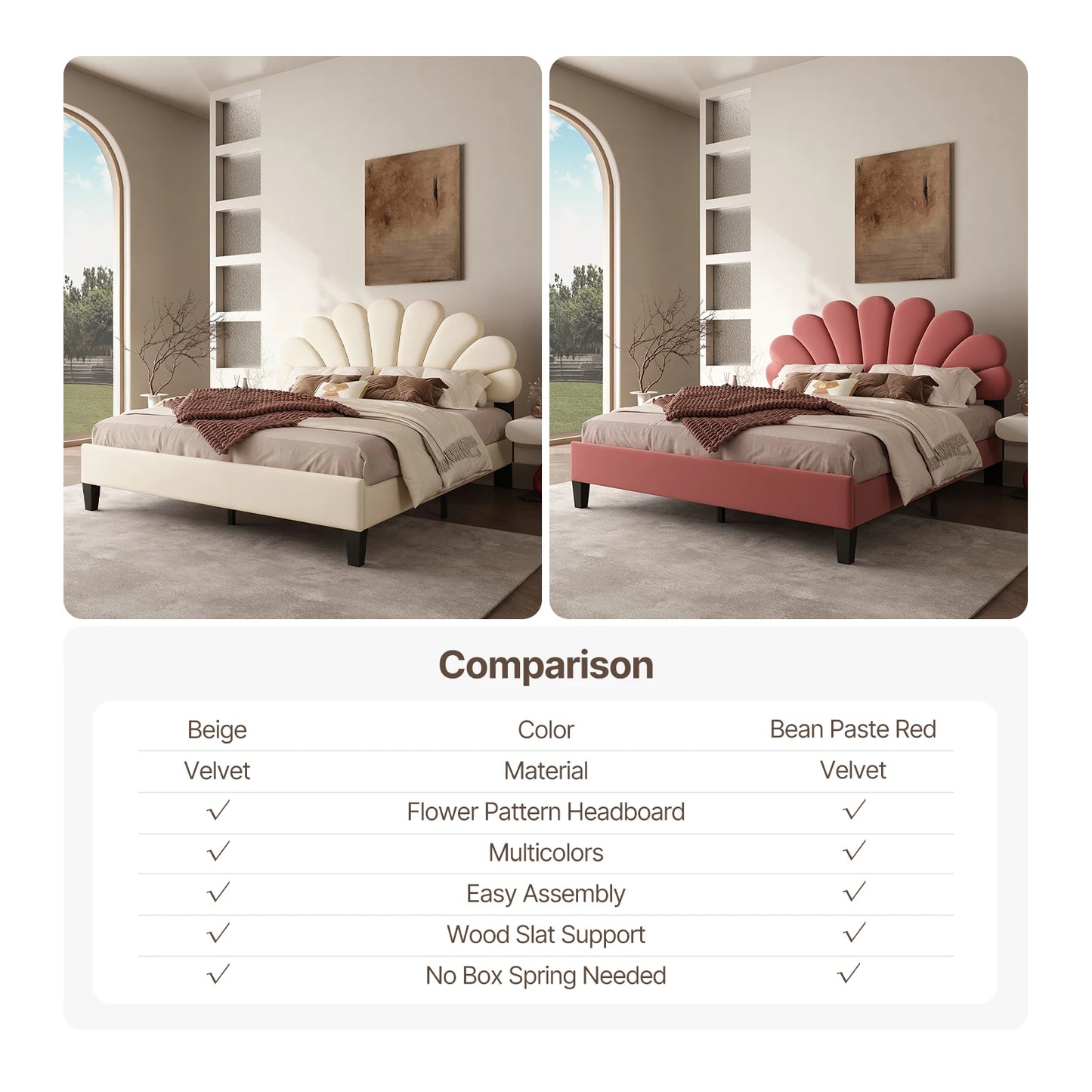 Bed Frame/Velvet Upholstered Platform Bed Frame with Flower Pattern Headboard/Strong Wood Slats Support/Mattress Foundation/No B