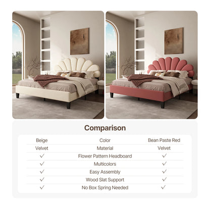 Bed Frame/Velvet Upholstered Platform Bed Frame with Flower Pattern Headboard/Strong Wood Slats Support/Mattress Foundation/No B
