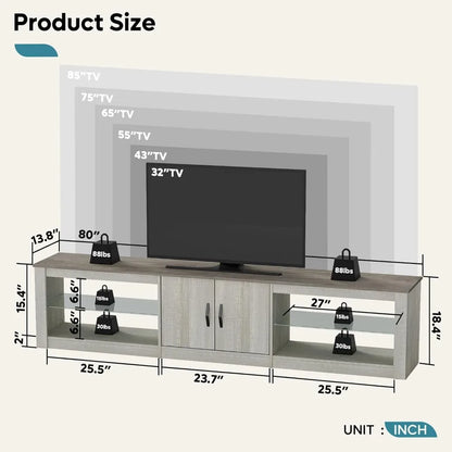 80 Inch TV Stand for 75/77/85/86 inch TVs, LED Gaming Entertainment Center for PS5 with Storage Cabinet &Adjustable Glas