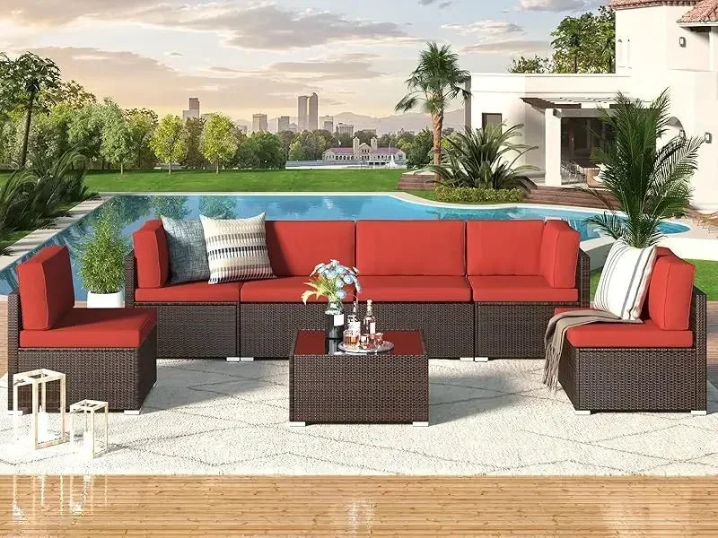 7 Piece Patio .PE Rattan Gray WickerOutdoor Sectional Furniture Chair Set