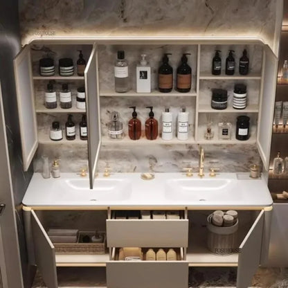 Luxury Bathroom Vanity Cabinets Set Modern Slate Single Double Basin Nordic Oak Storage Bathroom Drawer Slab Sink Mirror Cabinet