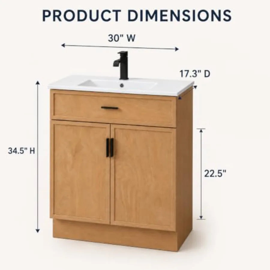 30 Inch Bathroom Vanity with Ceramic Sink and Countertop, Water-Resistant Wood Cabinet with 2 Soft-Closing Doors, White Finish