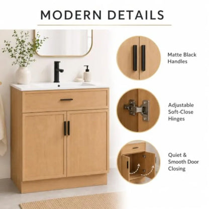 30 Inch Bathroom Vanity with Ceramic Sink and Countertop, Water-Resistant Wood Cabinet with 2 Soft-Closing Doors, White Finish