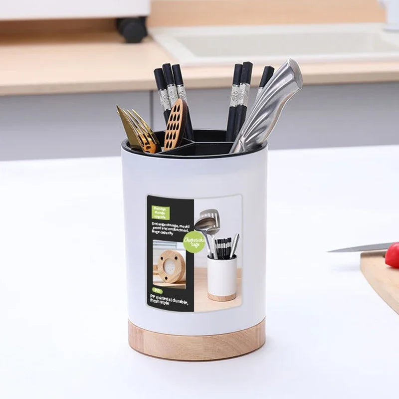 Kitchen Utensil Storage Holder Rotatable 3-Grid Tableware Drainer Chopstick Spoon With Removable Divider NE