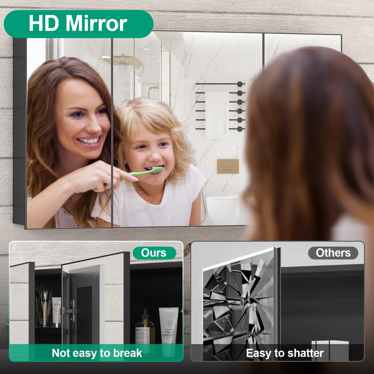 Large Wall Mounted Medicine Cabinet 3 Door Bathroom Mirror Storage Cabinet Modern Black Finish with Shelves