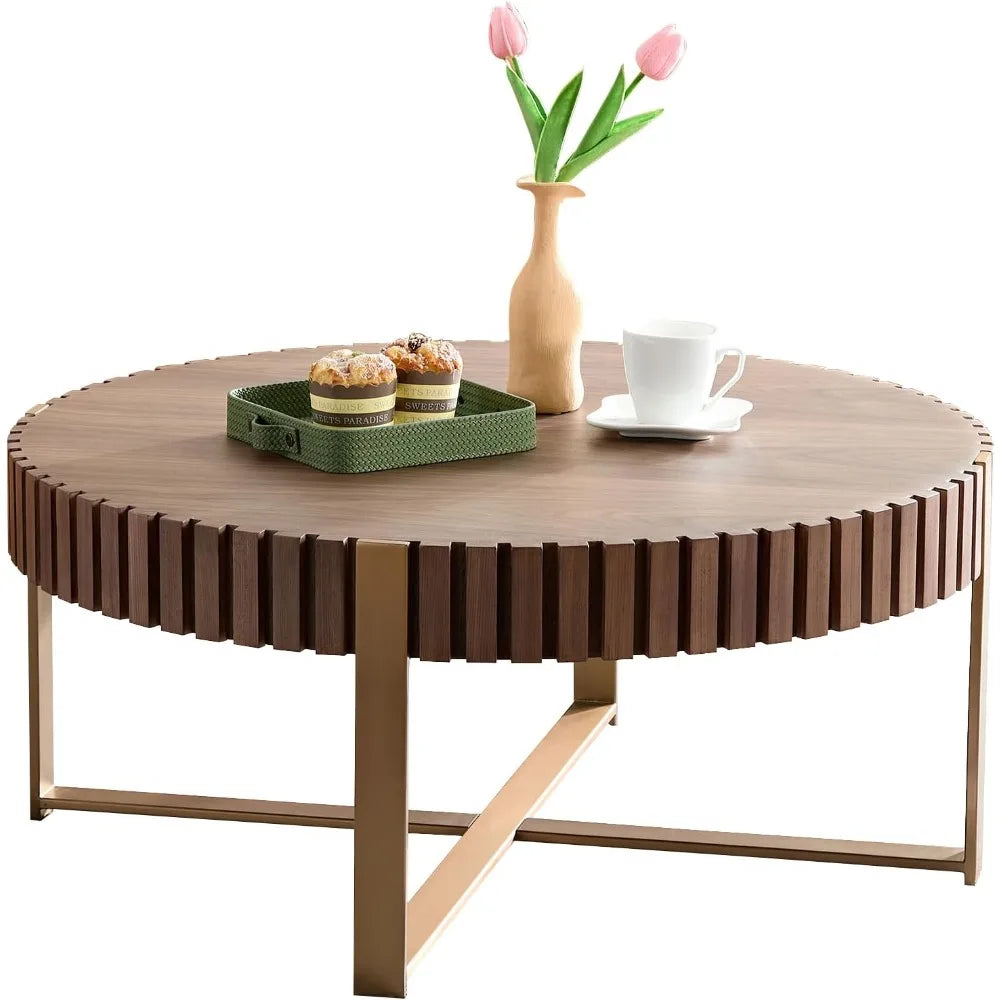 31.5'' Round Coffee Table for Living Room, Solid Wood Handcraft Drum Coffee Table, Wooden Felief Coffee Table, Stainless Steel