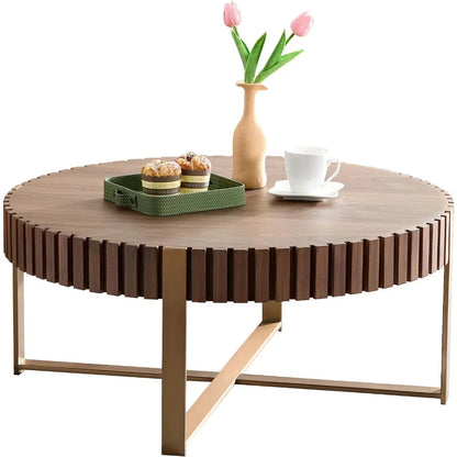 31.5'' Round Coffee Table for Living Room, Solid Wood Handcraft Drum Coffee Table, Wooden Felief Coffee Table, Stainless Steel
